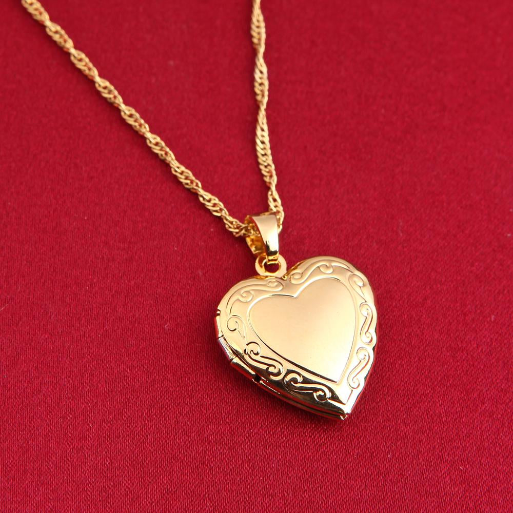 Valentines Gift Heart Locket Pendant Necklace 24K Gold Color Romantic Fancy Heart Jewelry for Women