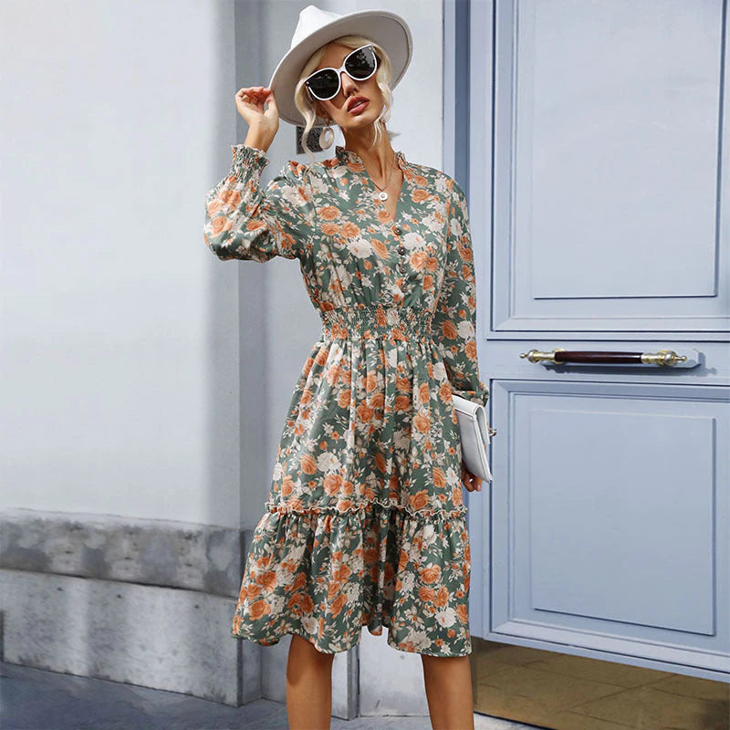 Fashion Women'S Temperament Ruffled Print Vintage Long-Sleeved Dress