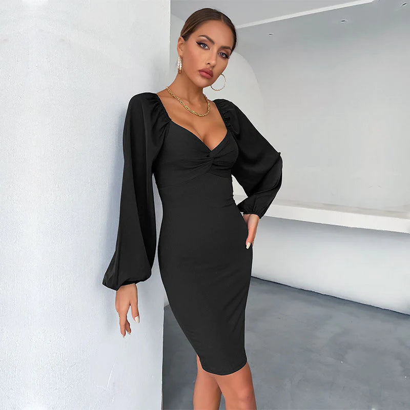 Fashion Women's Black Long-Sleeved V-Neck Wrap Hip Skirt Dress