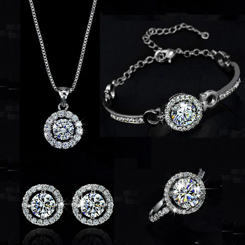 Crystal Necklace Earring Bracelets Ring Jewelry Set - Silver Plated