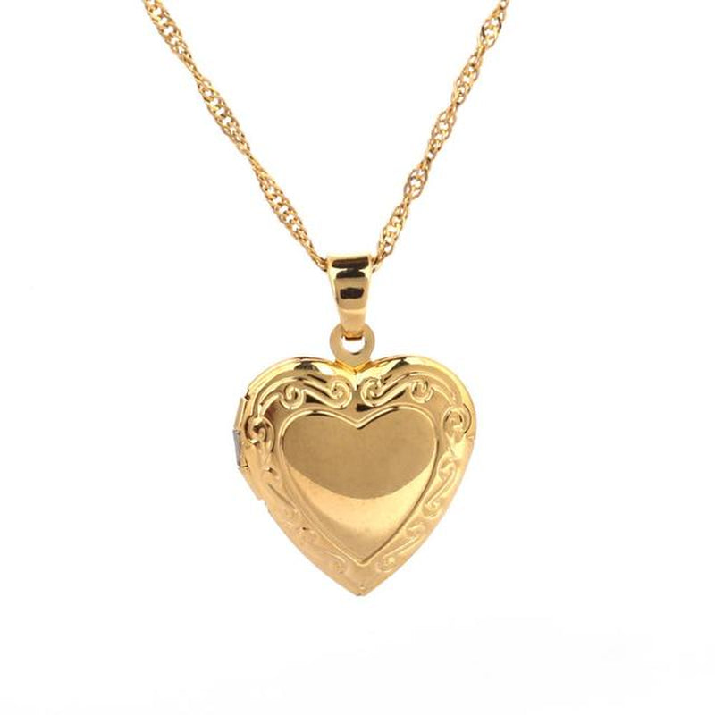 Valentines Gift Heart Locket Pendant Necklace 24K Gold Color Romantic Fancy Heart Jewelry for Women