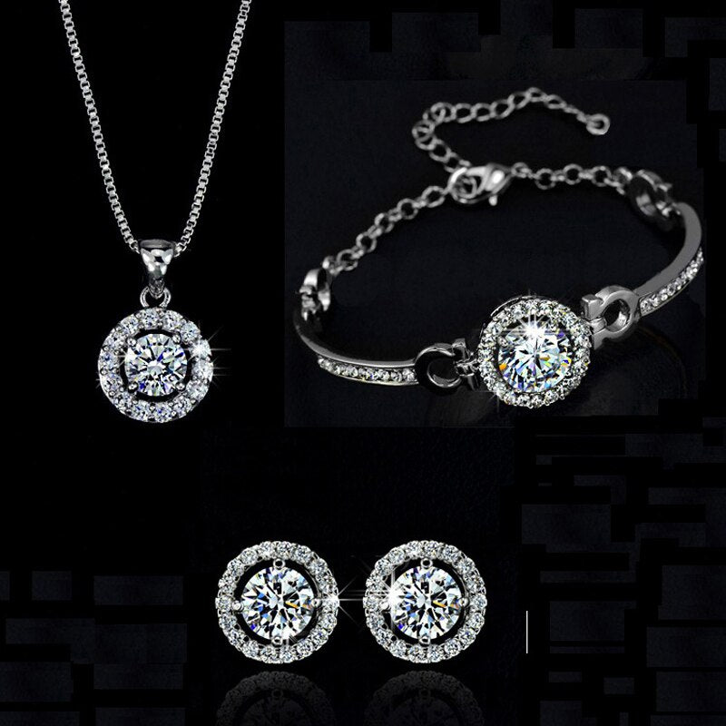 Crystal Necklace Earring Bracelets Ring Jewelry Set - Silver Plated