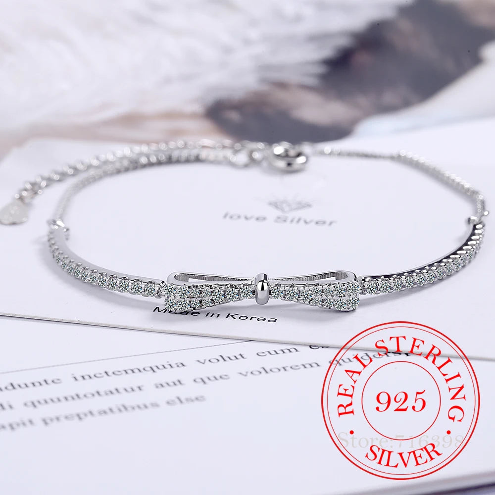 925 Sterling Silver Crystal Bowknot Charm Bracelet & Bangle for Women Wedding Party Jewelry