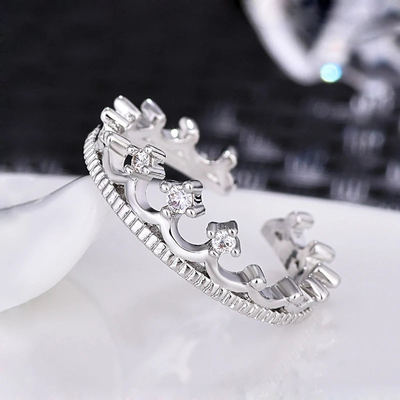 Jewelry 925 Sterling Silver Crown Open Adjustable Rings Fashion Party Exquisite Zircon Crown Ring Women&Girl Birthday Gift