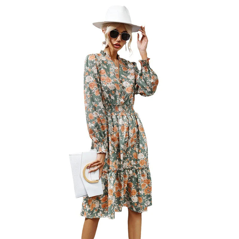 Fashion Women'S Temperament Ruffled Print Vintage Long-Sleeved Dress