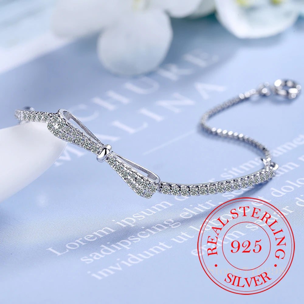 925 Sterling Silver Crystal Bowknot Charm Bracelet & Bangle for Women Wedding Party Jewelry