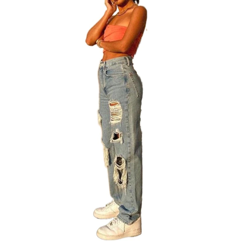 Ripped Straight Leg Jeans High Waist Loose Denim 