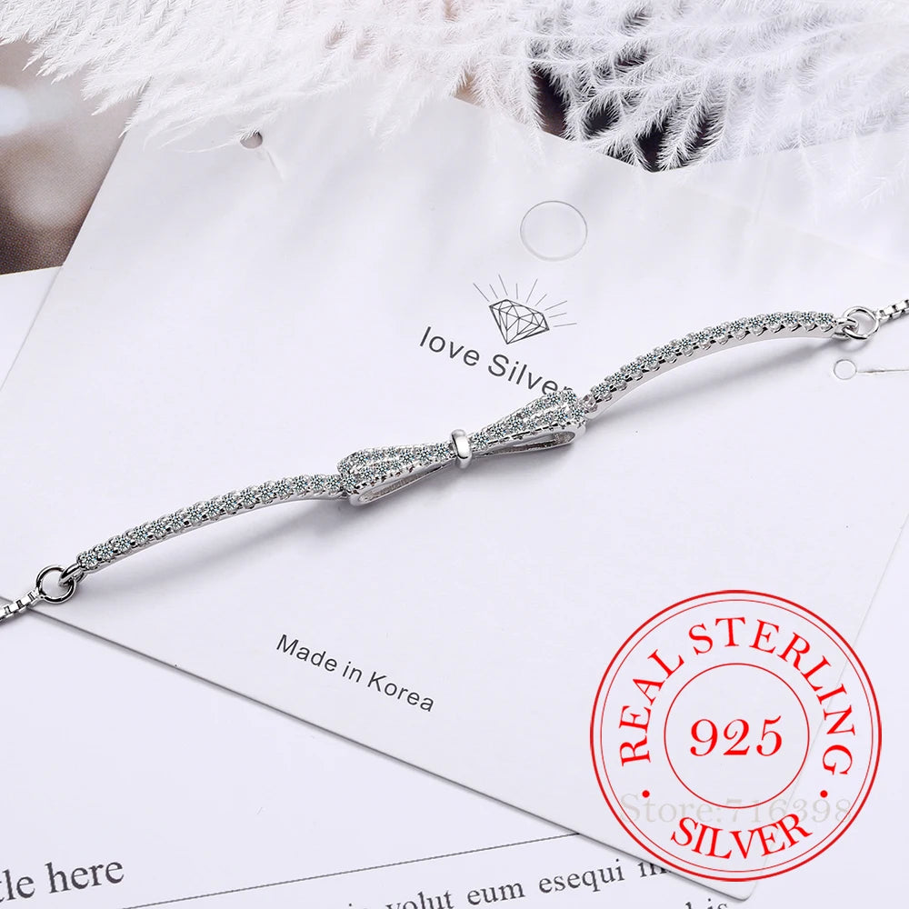 925 Sterling Silver Crystal Bowknot Charm Bracelet & Bangle for Women Wedding Party Jewelry