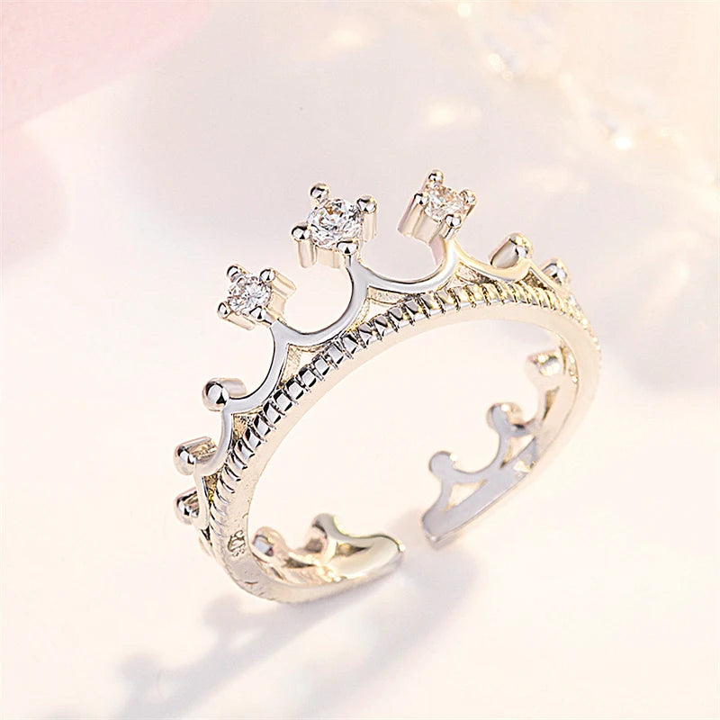 Jewelry 925 Sterling Silver Crown Open Adjustable Rings Fashion Party Exquisite Zircon Crown Ring Women&Girl Birthday Gift