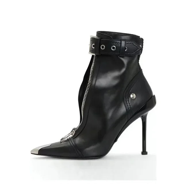 High Heels Ankle Boots, Belt Buckle Front Zipper with New Pointed Metal Decoration 