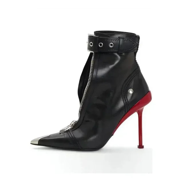 High Heels Ankle Boots, Belt Buckle Front Zipper with New Pointed Metal Decoration 