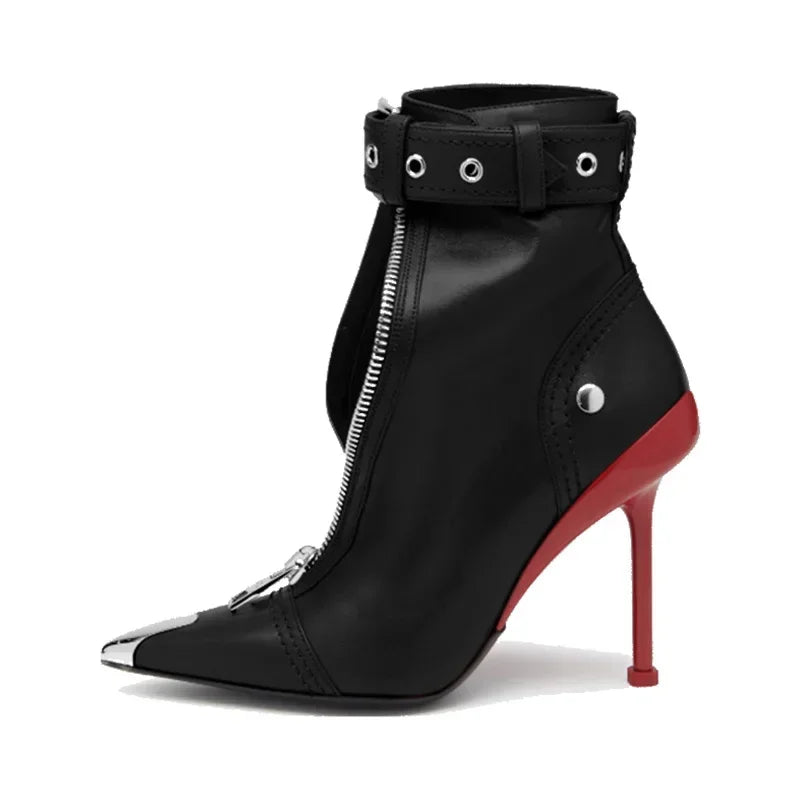 High Heels Ankle Boots, Belt Buckle Front Zipper with New Pointed Metal Decoration 
