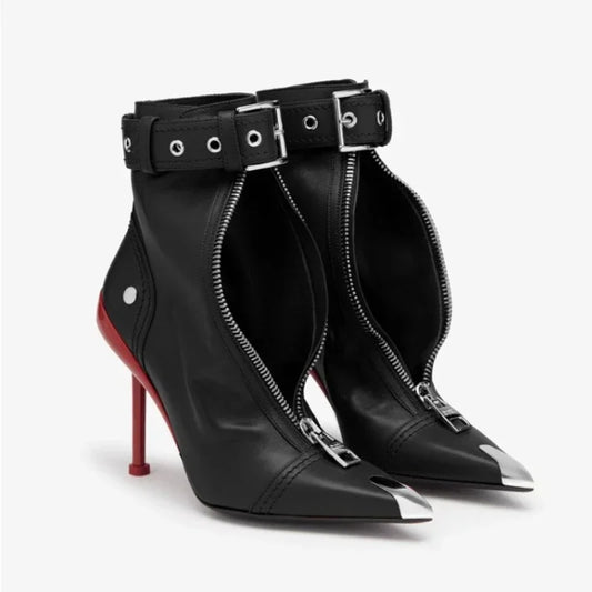 High Heels Ankle Boots, Belt Buckle Front Zipper with New Pointed Metal Decoration 