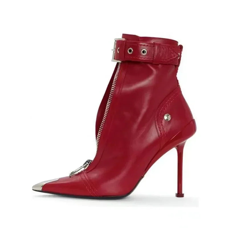 High Heels Ankle Boots, Belt Buckle Front Zipper with New Pointed Metal Decoration 