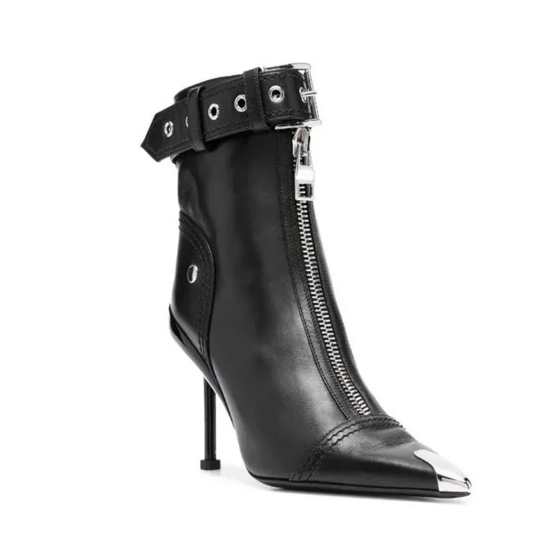High Heels Ankle Boots, Belt Buckle Front Zipper with New Pointed Metal Decoration 