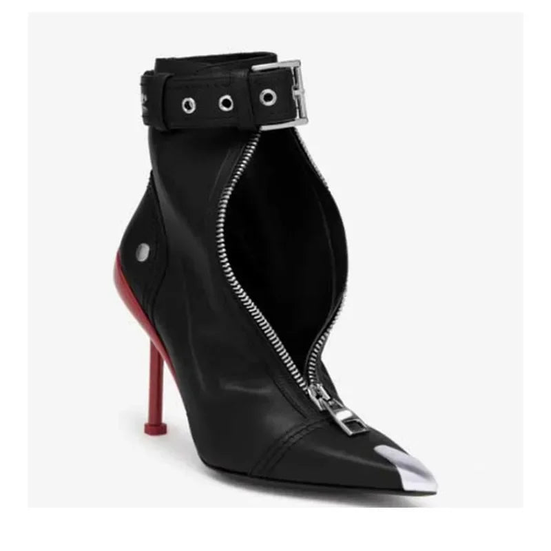 High Heels Ankle Boots, Belt Buckle Front Zipper with New Pointed Metal Decoration 