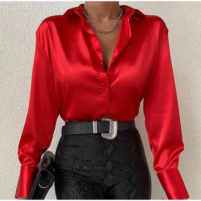 Trending in Spring - Elegant Satin Shirt - Long Sleeve Solid Color.