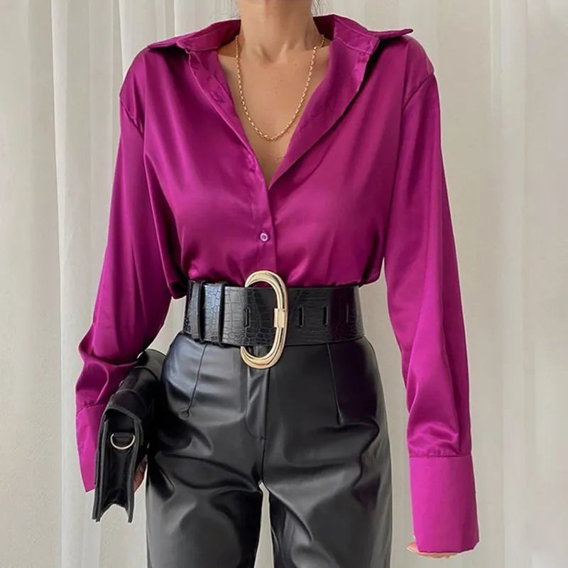 Trending in Spring - Elegant Satin Shirt - Long Sleeve Solid Color.