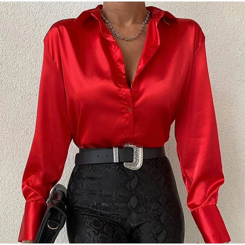 Trending in Spring - Elegant Satin Shirt - Long Sleeve Solid Color.