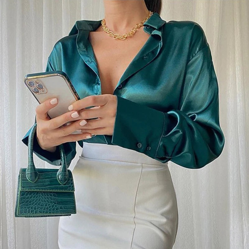 Trending in Spring - Elegant Satin Shirt - Long Sleeve Solid Color.