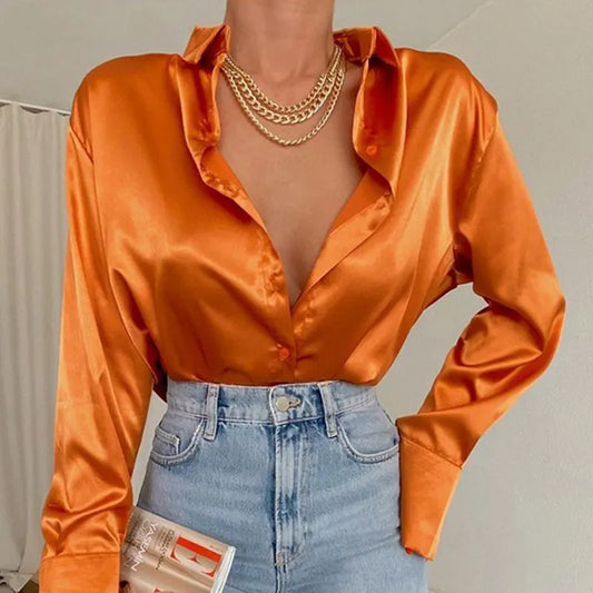 Trending in Spring - Elegant Satin Shirt - Long Sleeve Solid Color.