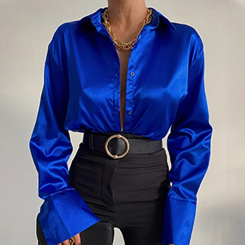 Trending in Spring - Elegant Satin Shirt - Long Sleeve Solid Color.
