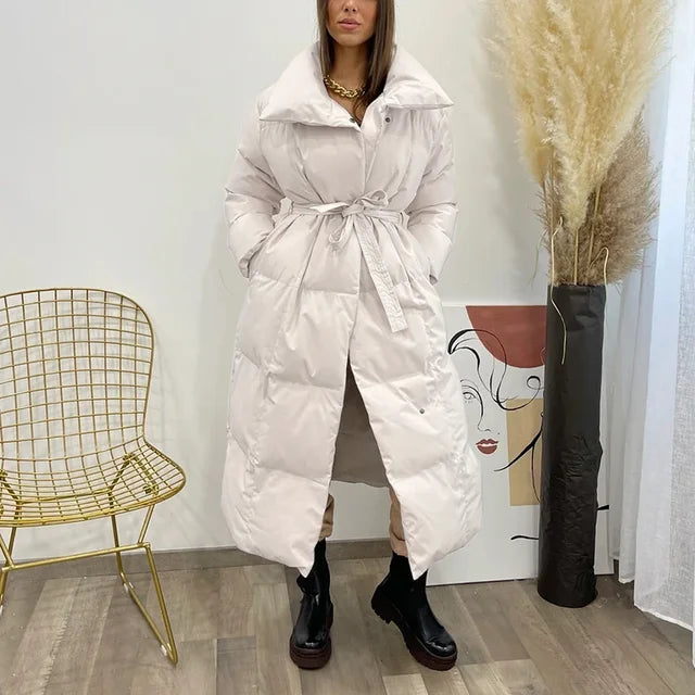 Elegant Tie Belt Long Thick Loose fitting Parkas Women Coat