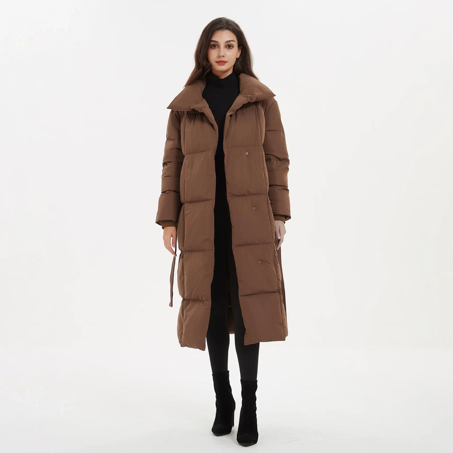 Elegant Tie Belt Long Thick Loose fitting Parkas Women Coat