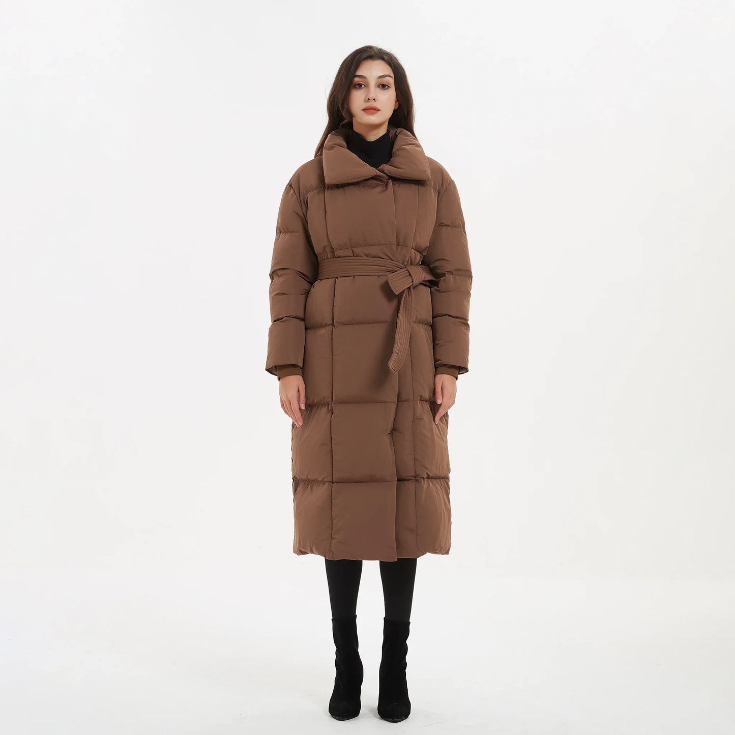 Elegant Tie Belt Long Thick Loose fitting Parkas Women Coat