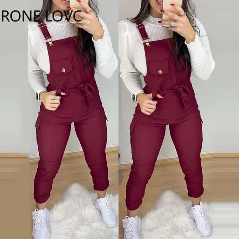 Women Buckled Pocket Design Jumpsuit 