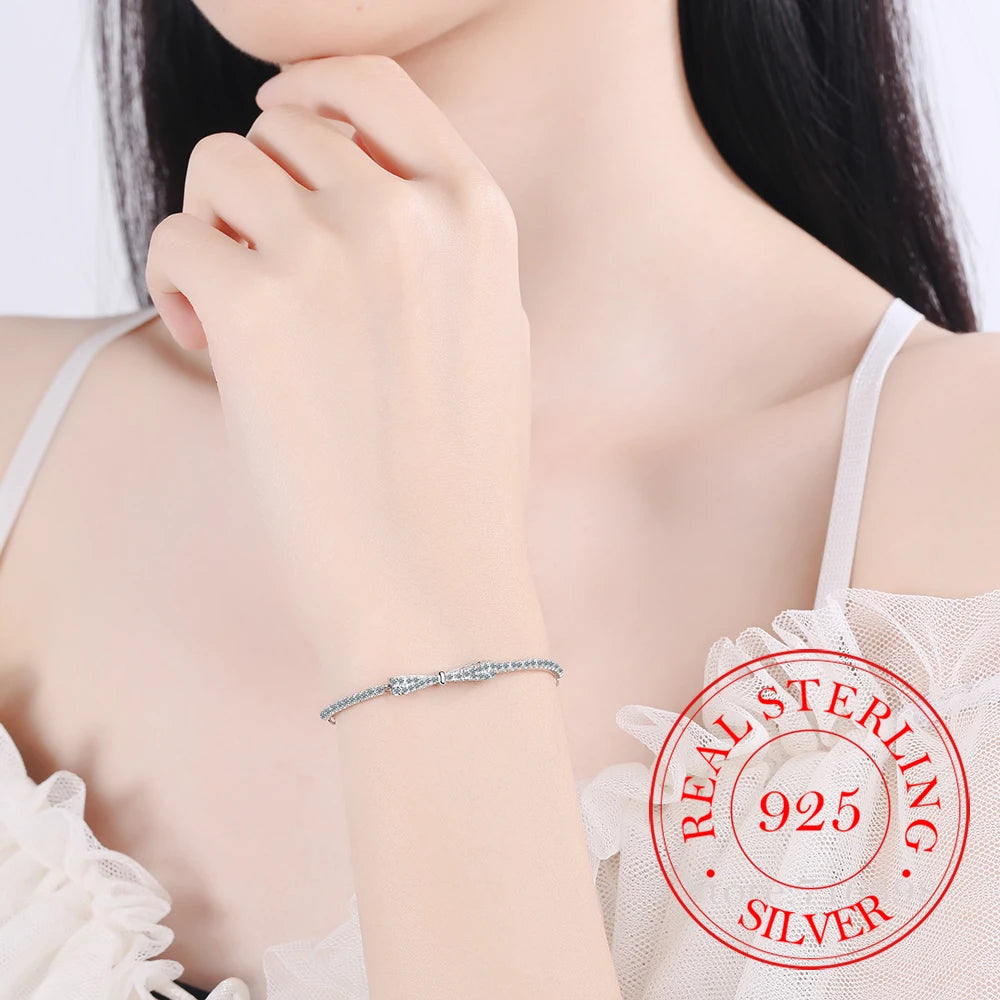 925 Sterling Silver Crystal Bowknot Charm Bracelet & Bangle for Women Wedding Party Jewelry