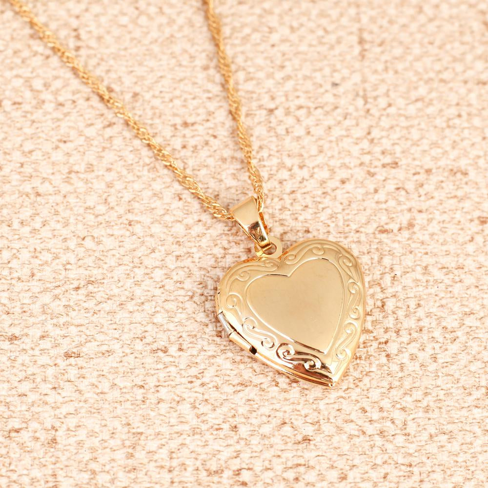 Valentines Gift Heart Locket Pendant Necklace 24K Gold Color Romantic Fancy Heart Jewelry for Women