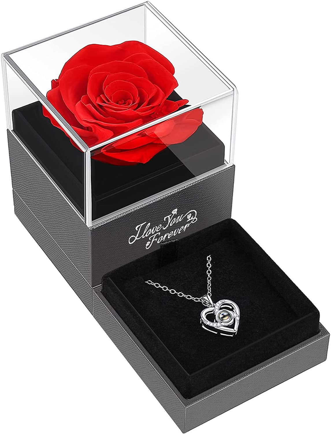 Valentines Day Gifts for Her -Preserved Real Red Rose with I Love You Necklace -Eternal Flowers Gifts for Women Mom Wife Girlfriend, Mothers Day Christmas Anniversary Birthday Gifts for Women