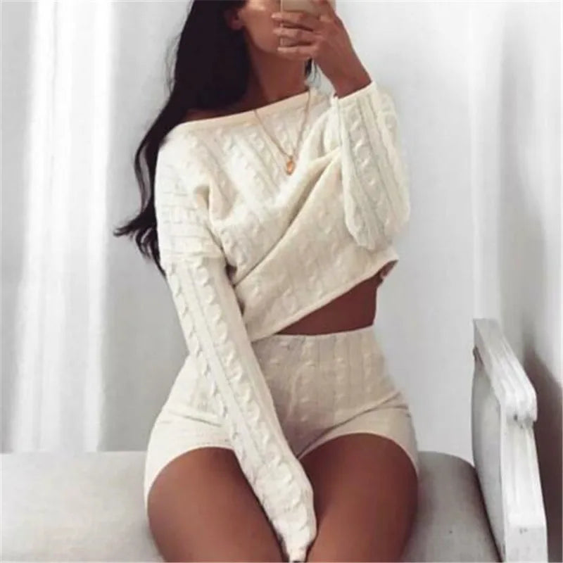 New Women Cable Knit Crop Top Lounge Wear Tracksuit 