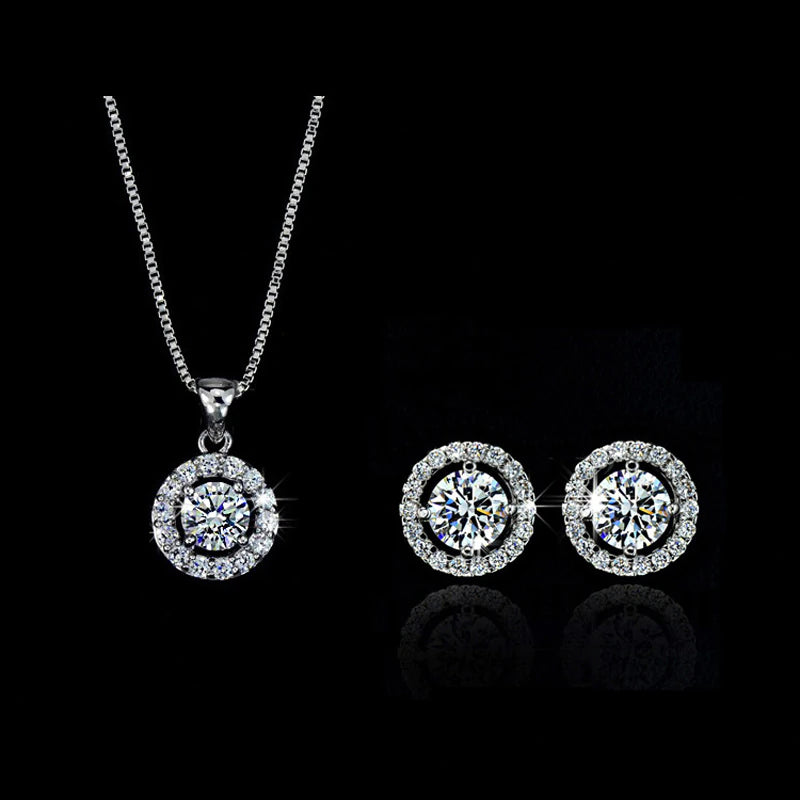 Crystal Necklace Earring Bracelets Ring Jewelry Set - Silver Plated