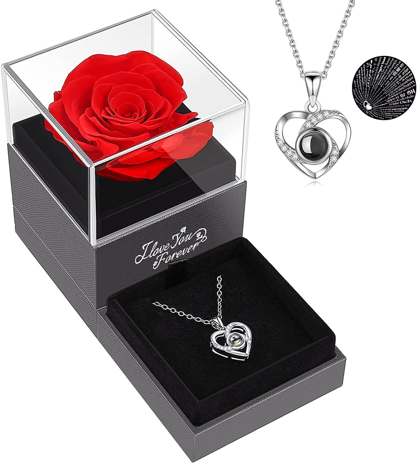 Valentines Day Gifts for Her -Preserved Real Red Rose with I Love You Necklace -Eternal Flowers Gifts for Women Mom Wife Girlfriend, Mothers Day Christmas Anniversary Birthday Gifts for Women