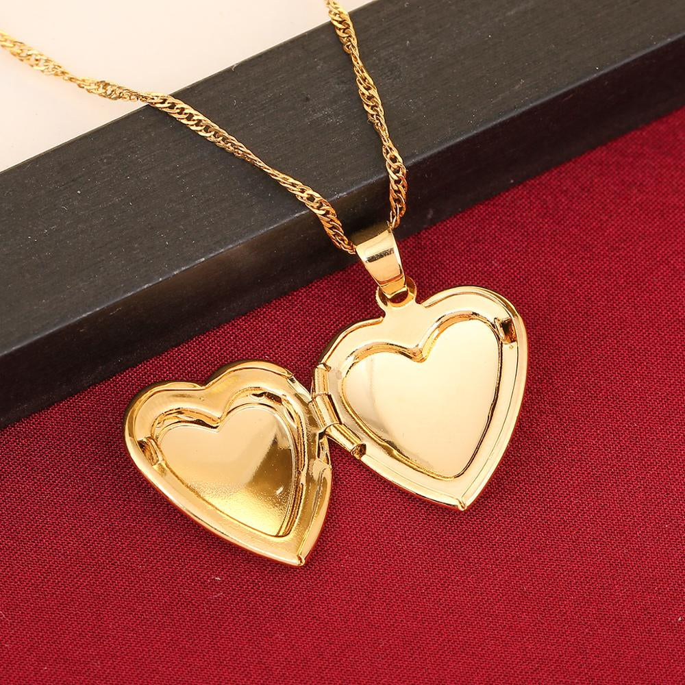 Valentines Gift Heart Locket Pendant Necklace 24K Gold Color Romantic Fancy Heart Jewelry for Women