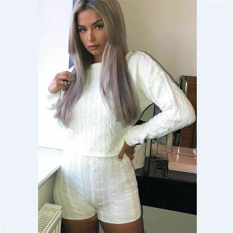 New Women Cable Knit Crop Top Lounge Wear Tracksuit 