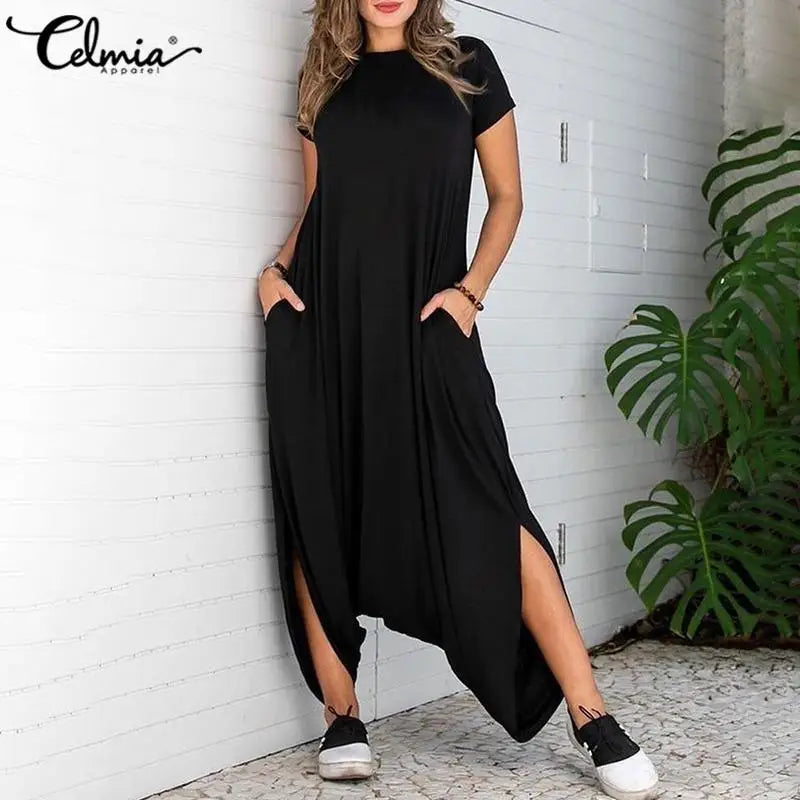 2024 Summer Vintage Drop-Crotch Short Sleeve Asymmetrical Jumpsuits 